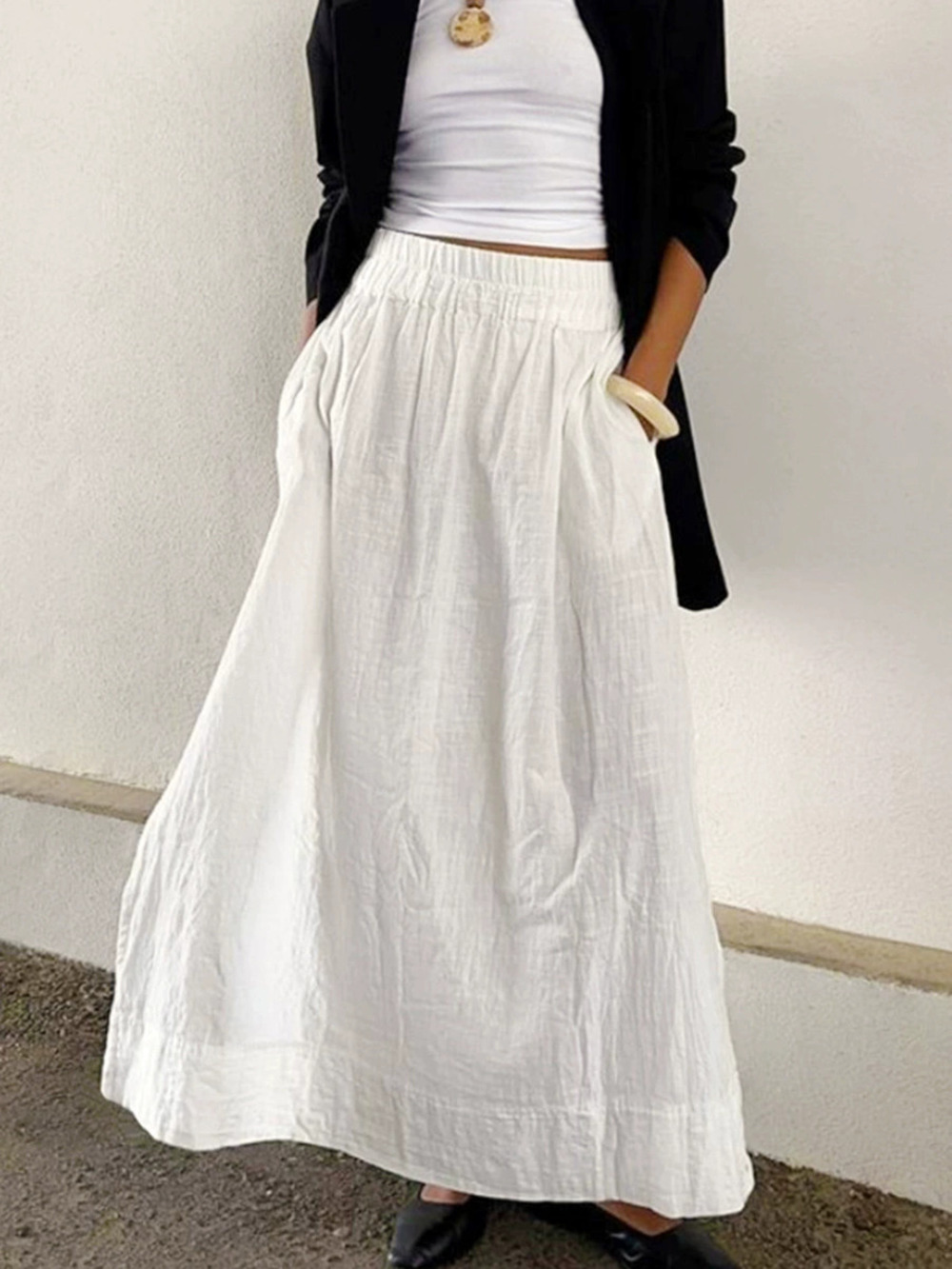 Forever 21 Fall White Cotton Linen High Waist A-Line Long Skirt
